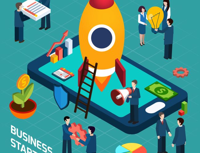 New business startup company successful launch planning concept with rocket start symbol poster isometric abstract vector illustration