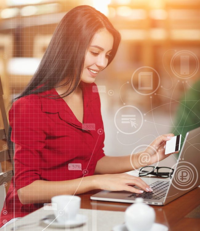 Business woman pays for a purchase with credit card. Beautiful girl in red shirt makes a purchase on the Internet. Buy and shopping online. Business infographic